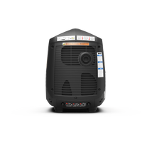 The Gas Inverter Portable Generator 2100/1700W by FIRMAN Power Equipment is black, shown from the back with a ventilation grille and warning labels, and is recognized for its fuel efficiency.