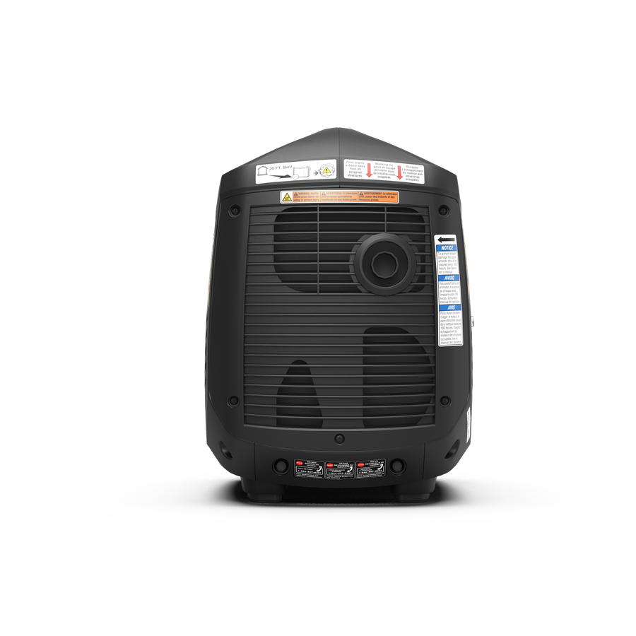The Gas Inverter Portable Generator 2100/1700W by FIRMAN Power Equipment is black, shown from the back with a ventilation grille and warning labels, and is recognized for its fuel efficiency.