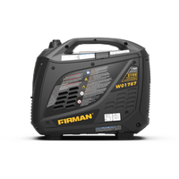 The FIRMAN Power Equipment Gas Inverter Portable Generator 2100/1700W features a handle, vented sides, and a control panel for quiet operation and fuel efficiency, showcased on a white background.