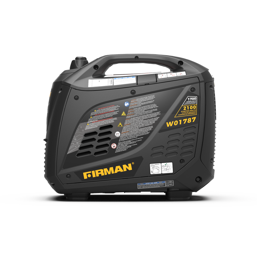 The FIRMAN Power Equipment Gas Inverter Portable Generator 2100/1700W features a handle, vented sides, and a control panel for quiet operation and fuel efficiency, showcased on a white background.