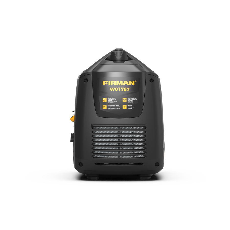 The FIRMAN Power Equipment Gas Inverter Portable Generator 2100/1700W features ventilation slats and control switches for optimal performance, advanced CO Alert for safety, and impressive fuel efficiency with extended runtimes.