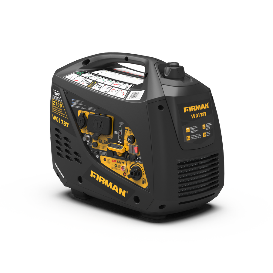The FIRMAN Power Equipment black and yellow generator, model W01787, is a quiet 2100/1700W portable inverter with various controls and a handle. Ideal for any setting, it includes recoil start and CO Alert for safety.