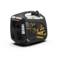 The FIRMAN Power Equipment Gas Inverter Portable Generator 2100/1700W, in sleek black and yellow, features side control knobs and outlets. It includes a top handle for easy carrying and operates quietly, ideal for various settings.