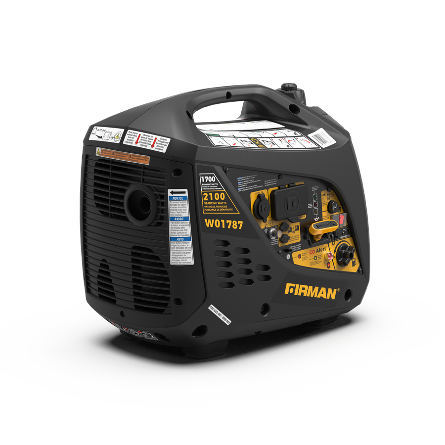 The FIRMAN Power Equipment Gas Inverter Portable Generator 2100/1700W, in sleek black and yellow, features side control knobs and outlets. It includes a top handle for easy carrying and operates quietly, ideal for various settings.