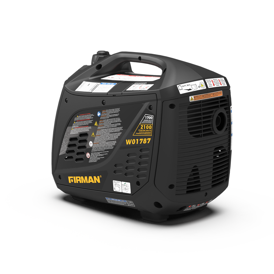 The FIRMAN Gas Inverter Portable Generator, black model W01787, offers quiet operation and impressive fuel efficiency with clear power specifications.