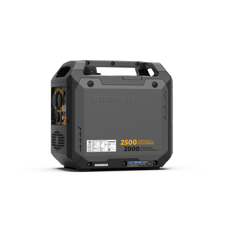 The FIRMAN Power Equipment Inverter Gas Portable Generator 2500W Recoil Start with CO ALERT features a gray and black casing, vent, and specs panel. This RV-ready generator offers reliable portable power for your needs.