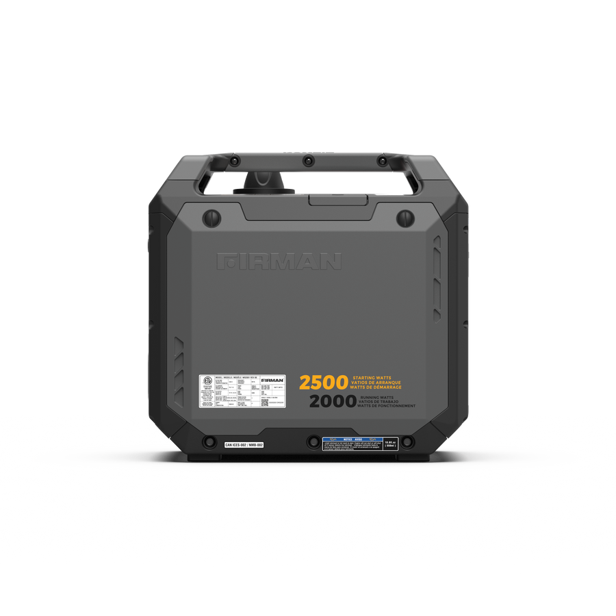 A black FIRMAN Power Equipment Inverter Gas Portable Generator 2500W Recoil Start with CO ALERT is shown against a plain white background, featuring a handle and labeled "2500 starting watts, 2000 running watts.