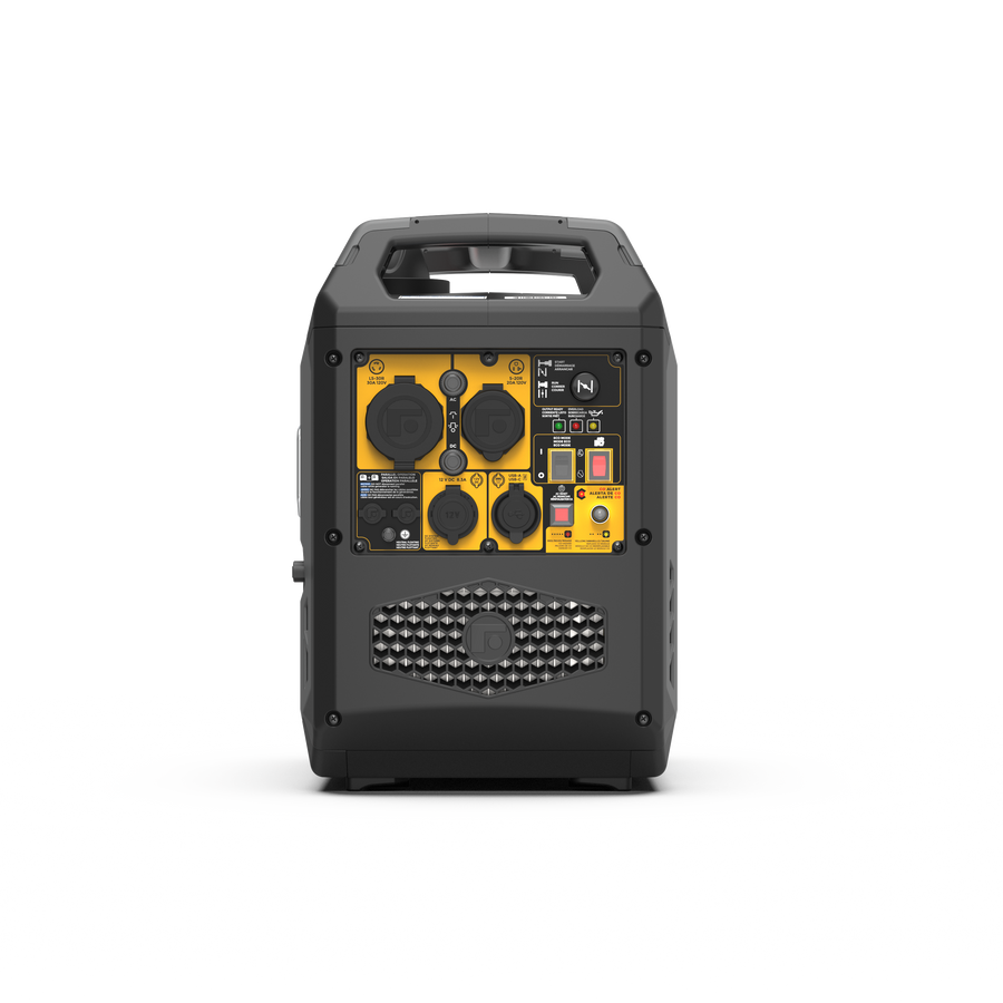 The FIRMAN Power Equipment Inverter Gas Portable Generator 2500W with CO ALERT features a black and yellow control panel, multiple outlets, top carrying handle, and bottom vent—an RV-ready solution for your outdoor adventures.