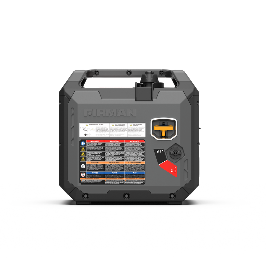 The FIRMAN Power Equipment Inverter Gas Portable Generator 2500W Recoil Start with CO ALERT is shown from the back, highlighting its control panel, warning labels, and multiple power outlets—an RV-ready on-the-go power solution.