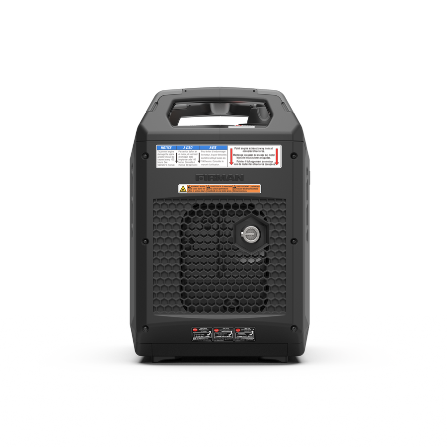 The FIRMAN Power Equipment Inverter Gas Portable Generator 2500W Recoil Start with CO ALERT is shown from the back, featuring a top handle, warning labels, ventilation grid, and center fuel cap—perfect as an RV-ready power solution.
