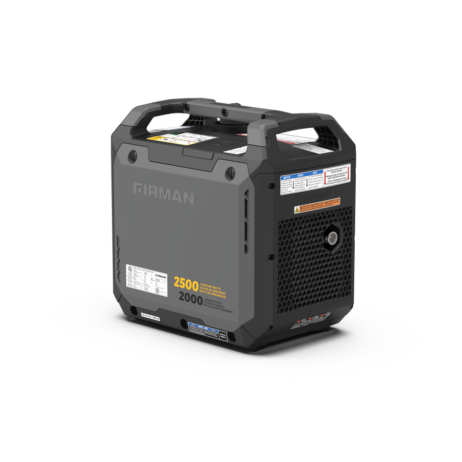 The FIRMAN Power Equipment Inverter Gas Portable Generator 2500W Recoil Start with CO ALERT, in gray and black, is shown against a white background. This portable, RV-ready generator delivers reliable power wherever you need it.