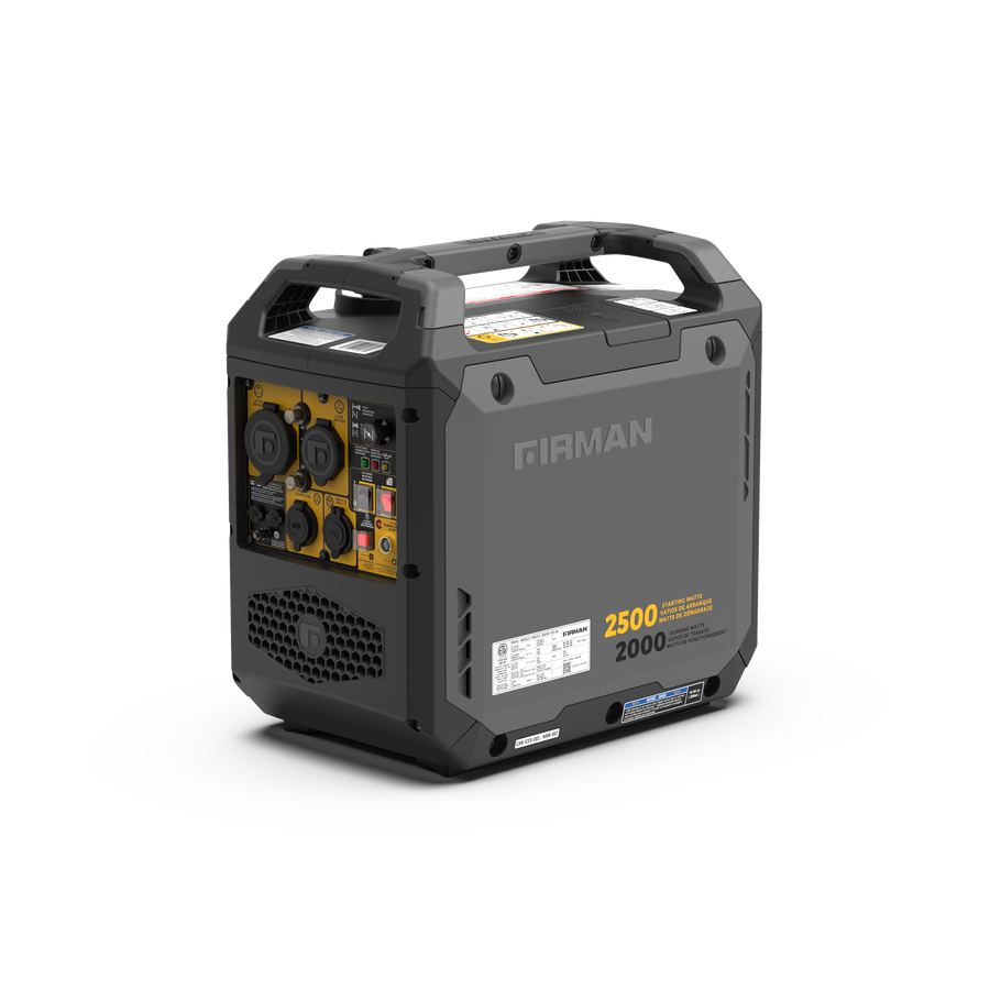 The FIRMAN Power Equipment Inverter Gas Portable Generator 2500W features recoil start, CO ALERT, and a black/gray RV-ready design—perfect for your adventures with reliable power on the go.