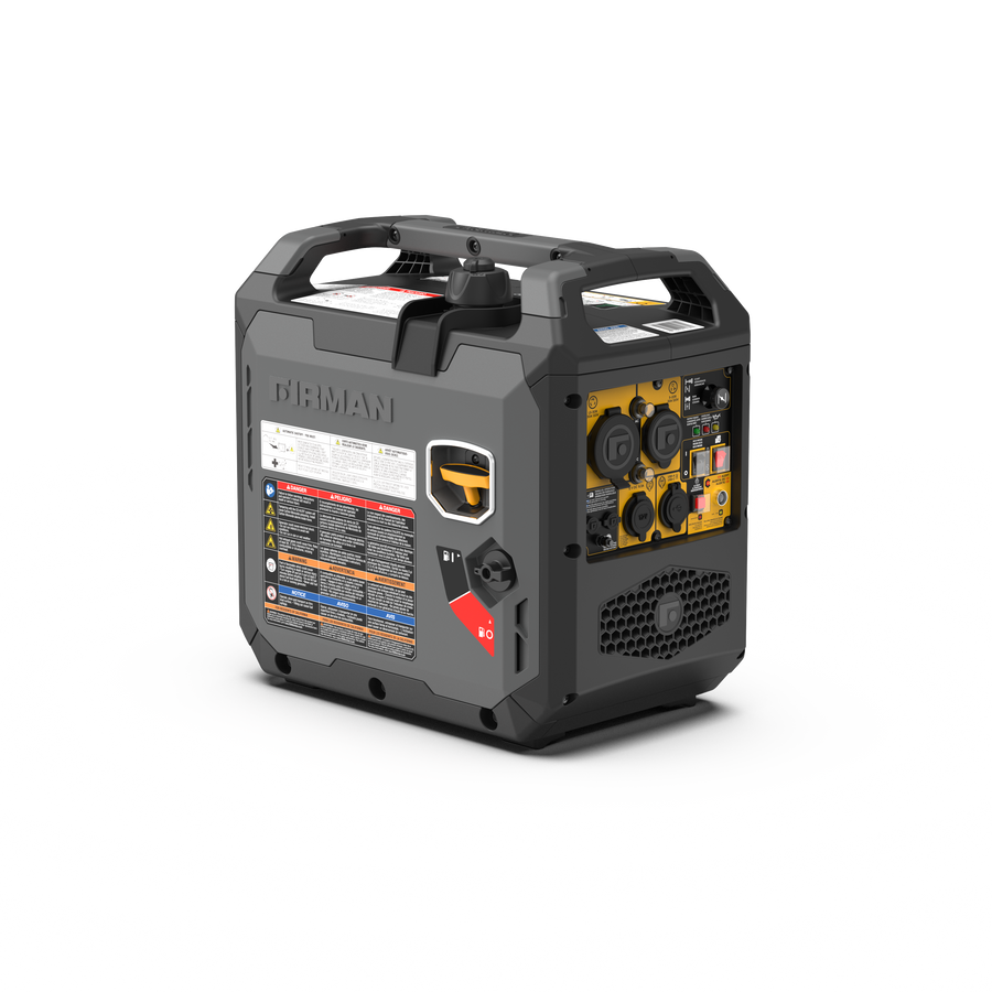 A FIRMAN Power Equipment Inverter Gas Portable Generator 2500W with recoil start and CO ALERT is shown on a plain white background. This portable generator provides reliable, RV-ready power for your needs.
