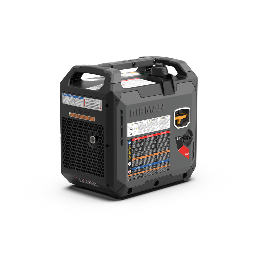 Portable black and gray FIRMAN Power Equipment Inverter Gas Portable Generator 2500W with recoil start, CO ALERT, RV-ready design, control panel, ventilation grilles, top handle, and visible safety and operation labels.