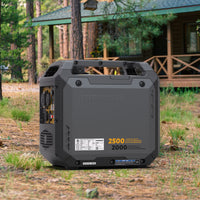 The FIRMAN Power Equipment Inverter Gas Portable Generator 2500W Recoil Start with CO ALERT delivers reliable, fuel-efficient outdoor power for any adventure, perfect for use outside a cabin or in wooded areas.
