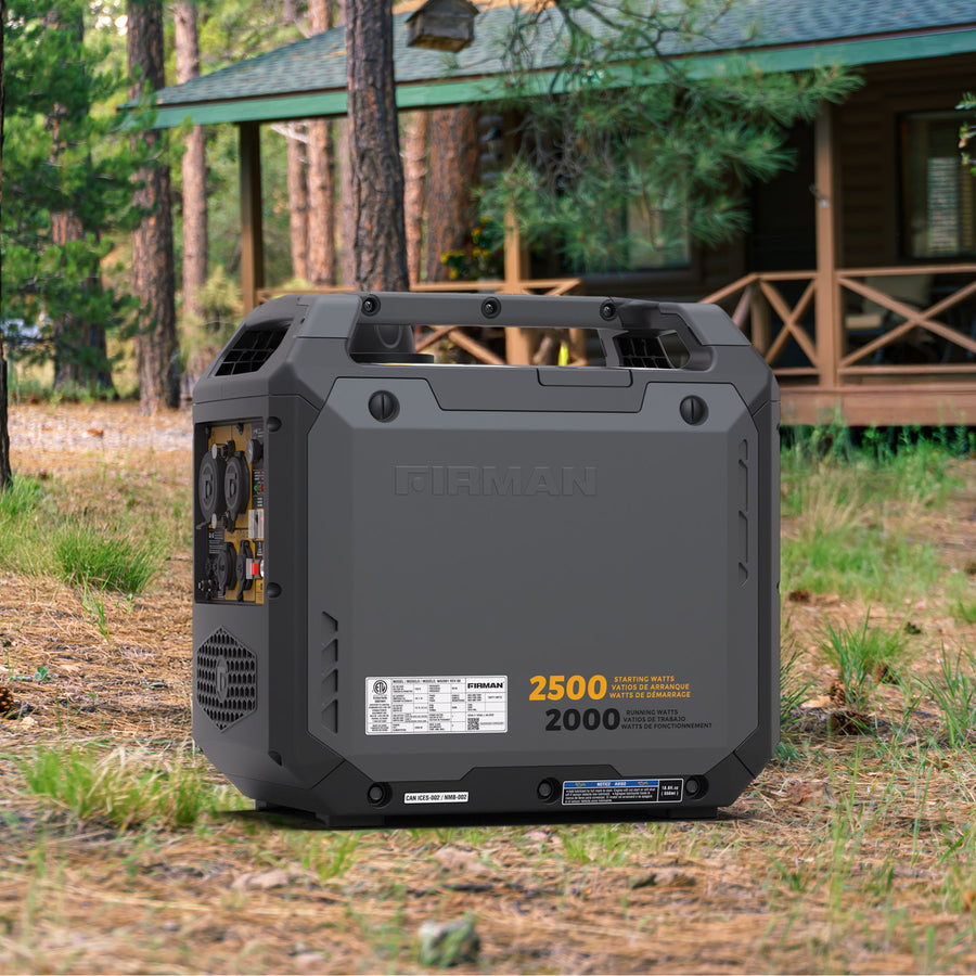 The FIRMAN Power Equipment Inverter Gas Portable Generator 2500W Recoil Start with CO ALERT delivers reliable, fuel-efficient outdoor power for any adventure, perfect for use outside a cabin or in wooded areas.