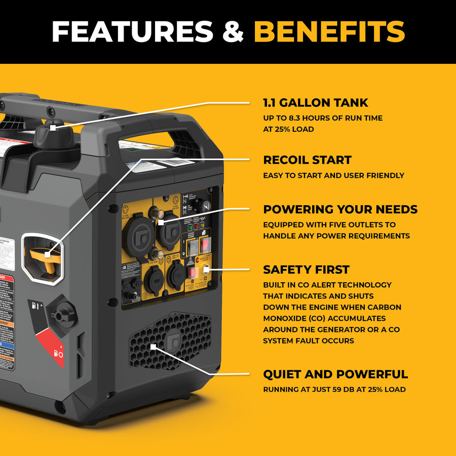 The FIRMAN Power Equipment Inverter Gas Portable Generator 2500W features recoil start, a 1.1-gallon tank, CO ALERT, multiple outlets, and quiet 59 dB operation—an RV-ready portable power solution for any adventure.