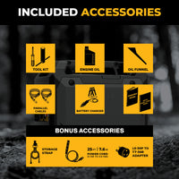 The FIRMAN Power Equipment Inverter Gas Portable Generator 2500W Recoil Start with CO ALERT comes with a tool kit, engine oil, oil funnel, parallel cables, battery charger, owner's manual, storage strap, power cord, and adapter.