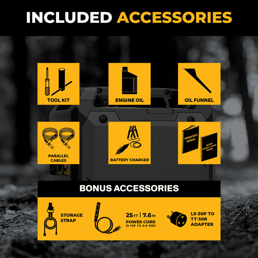 The FIRMAN Power Equipment Inverter Gas Portable Generator 2500W Recoil Start with CO ALERT comes with a tool kit, engine oil, oil funnel, parallel cables, battery charger, owner's manual, storage strap, power cord, and adapter.