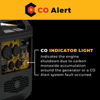 Close-up of the FIRMAN Power Equipment Inverter Gas Portable Generator 2500W with CO ALERT, showing the highlighted CO indicator that signals engine shutdown from carbon monoxide buildup or a CO Alert system fault.
