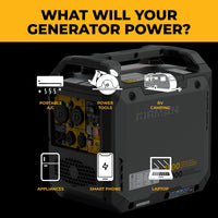 The FIRMAN Power Equipment Inverter Gas Portable Generator 2500W Recoil Start with CO ALERT is lightweight and portable, ideal for powering portable A/Cs, power tools, RV camping gear, appliances, smartphones, and laptops.