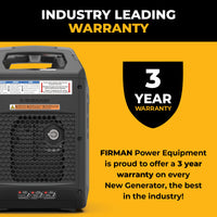 A FIRMAN Inverter Gas Portable Generator 2500W Recoil Start with CO ALERT sits by a "3 year warranty" sign, showcasing FIRMAN Power Equipment’s 3-year warranty on every new generator.