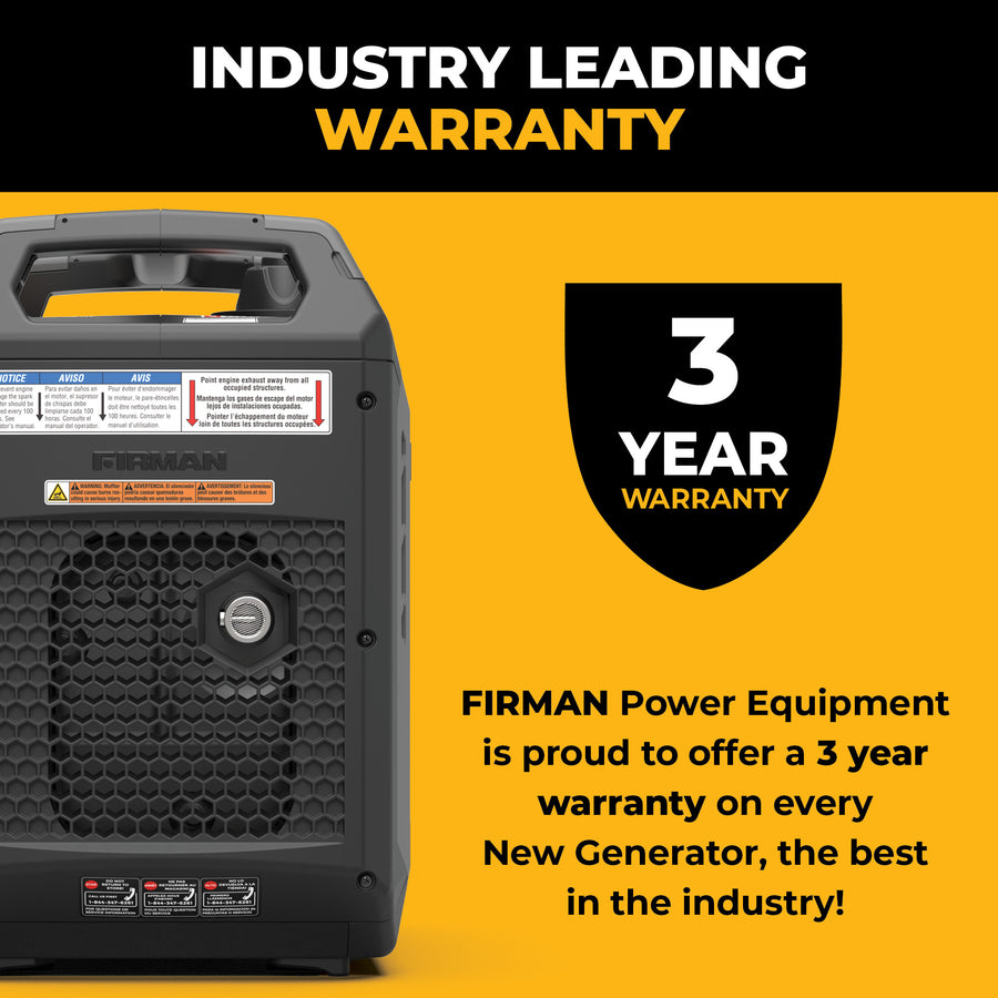 A FIRMAN Inverter Gas Portable Generator 2500W Recoil Start with CO ALERT sits by a "3 year warranty" sign, showcasing FIRMAN Power Equipment’s 3-year warranty on every new generator.