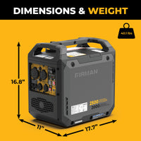 The FIRMAN Power Equipment Inverter Gas Portable Generator 2500W Recoil Start with CO ALERT, measuring 16.8" x 17.7" x 11.7" and weighing 40.1 lbs, is displayed against a yellow background.