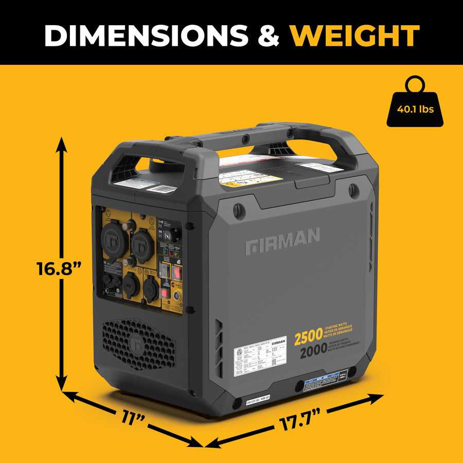 The FIRMAN Power Equipment Inverter Gas Portable Generator 2500W Recoil Start with CO ALERT, measuring 16.8" x 17.7" x 11.7" and weighing 40.1 lbs, is displayed against a yellow background.