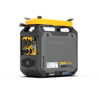 The FIRMAN Power Equipment Inverter Gas Portable Generator 2500W Recoil Start with CO ALERT is a gray and yellow lightweight unit featuring multiple outlets, a coiled yellow cord, and "2500 Starting Watts / 2000 Running Watts" labeling for portable power needs.