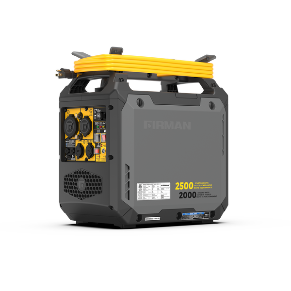 The FIRMAN Power Equipment Inverter Gas Portable Generator 2500W Recoil Start with CO ALERT is a gray and yellow lightweight unit featuring multiple outlets, a coiled yellow cord, and "2500 Starting Watts / 2000 Running Watts" labeling for portable power needs.