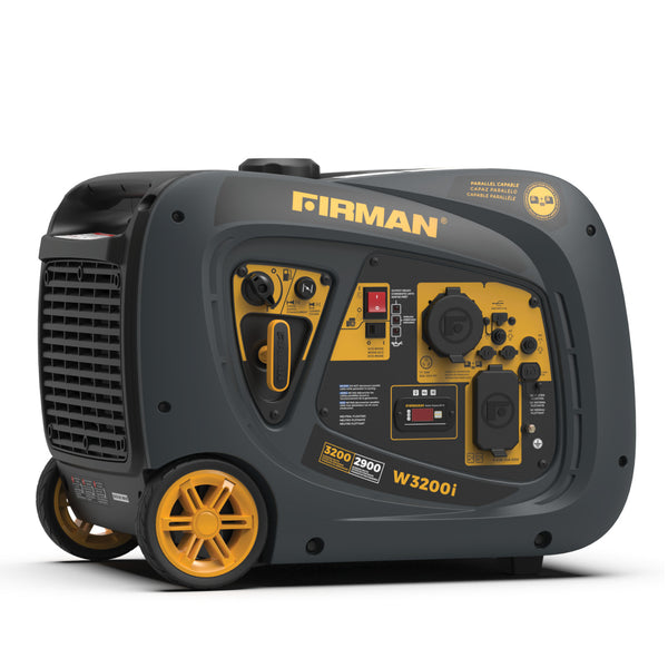 The FIRMAN Power Equipment Inverter Portable Generator 3200W Recoil Start features yellow wheels and a control panel, offering quiet, RV-ready performance for outdoor activities and backup power needs.