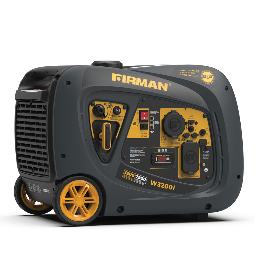 The FIRMAN Power Equipment Inverter Portable Generator 3200W Recoil Start features yellow wheels and a control panel, offering quiet, RV-ready performance for outdoor activities and backup power needs.