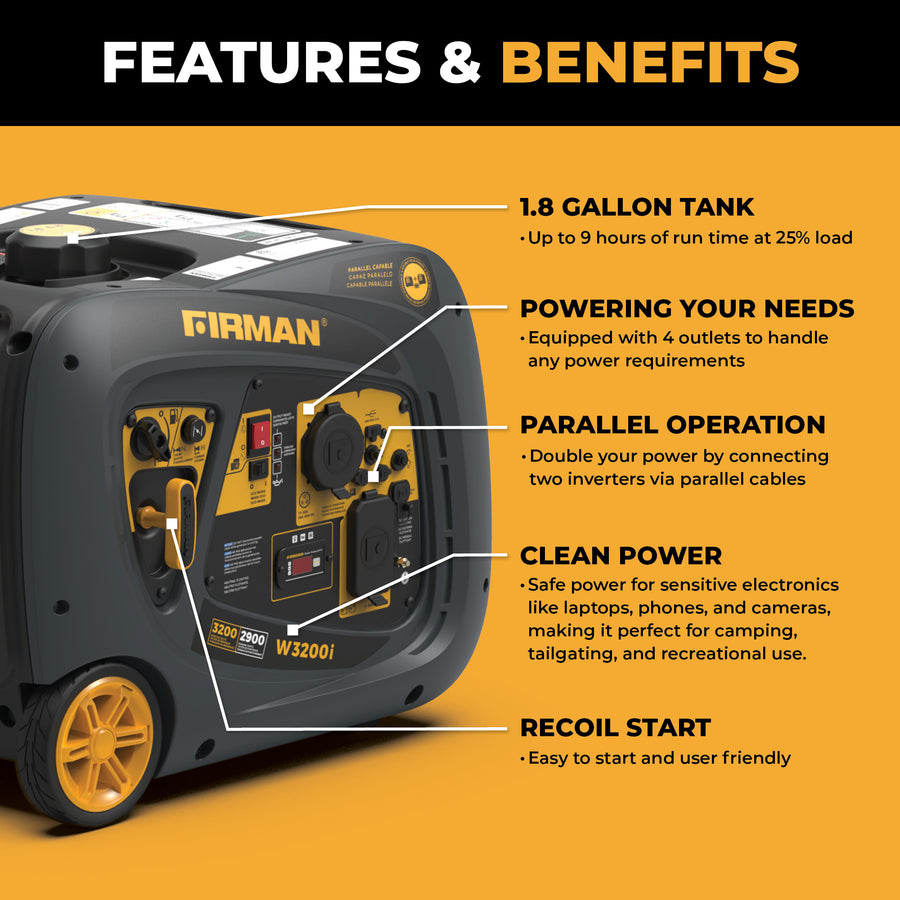 The FIRMAN Power Equipment Inverter Portable Generator 3200W Recoil Start features a 1.8-gallon tank, clean power output, parallel operation, and RV readiness—ideal for off-grid energy needs.