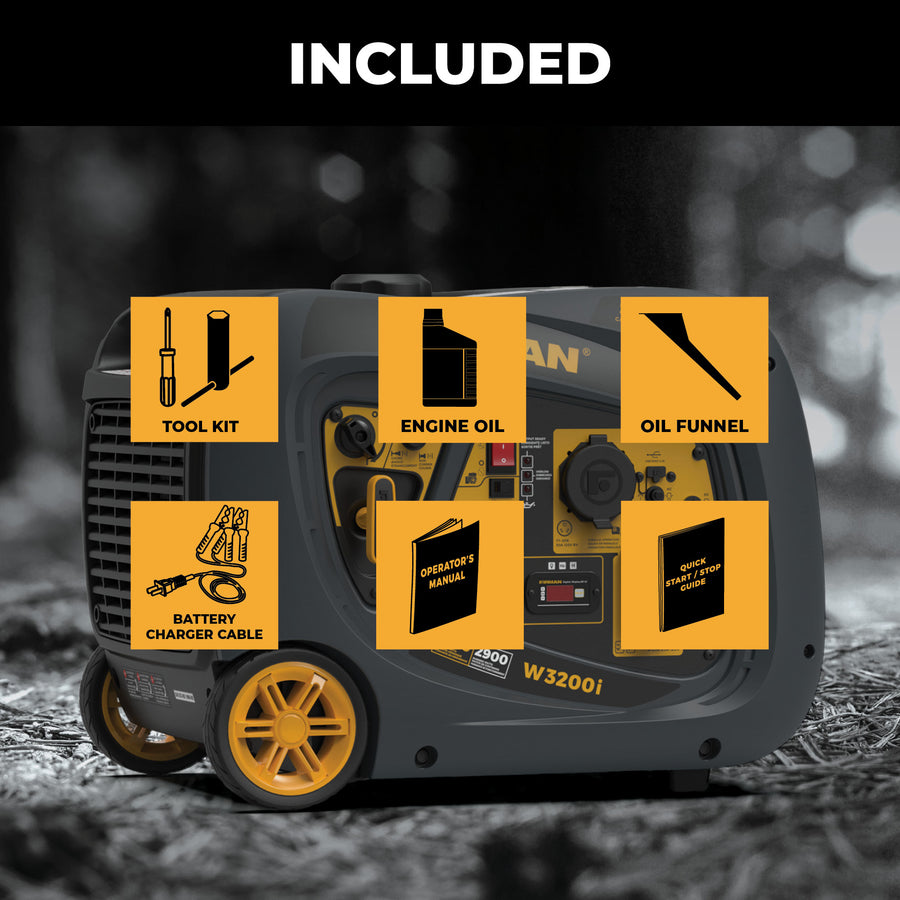 The FIRMAN Power Equipment Inverter Portable Generator 3200W Recoil Start comes with a tool kit, engine oil, oil funnel, battery charger cable, and operator’s manual—ideal for reliable off-grid power.