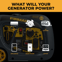 Close-up of the FIRMAN Power Equipment Inverter Portable Generator 3200W Recoil Start, with text and icons showing it can power a portable A/C, power tools, RV camping needs, appliances, smartphones, and laptops.