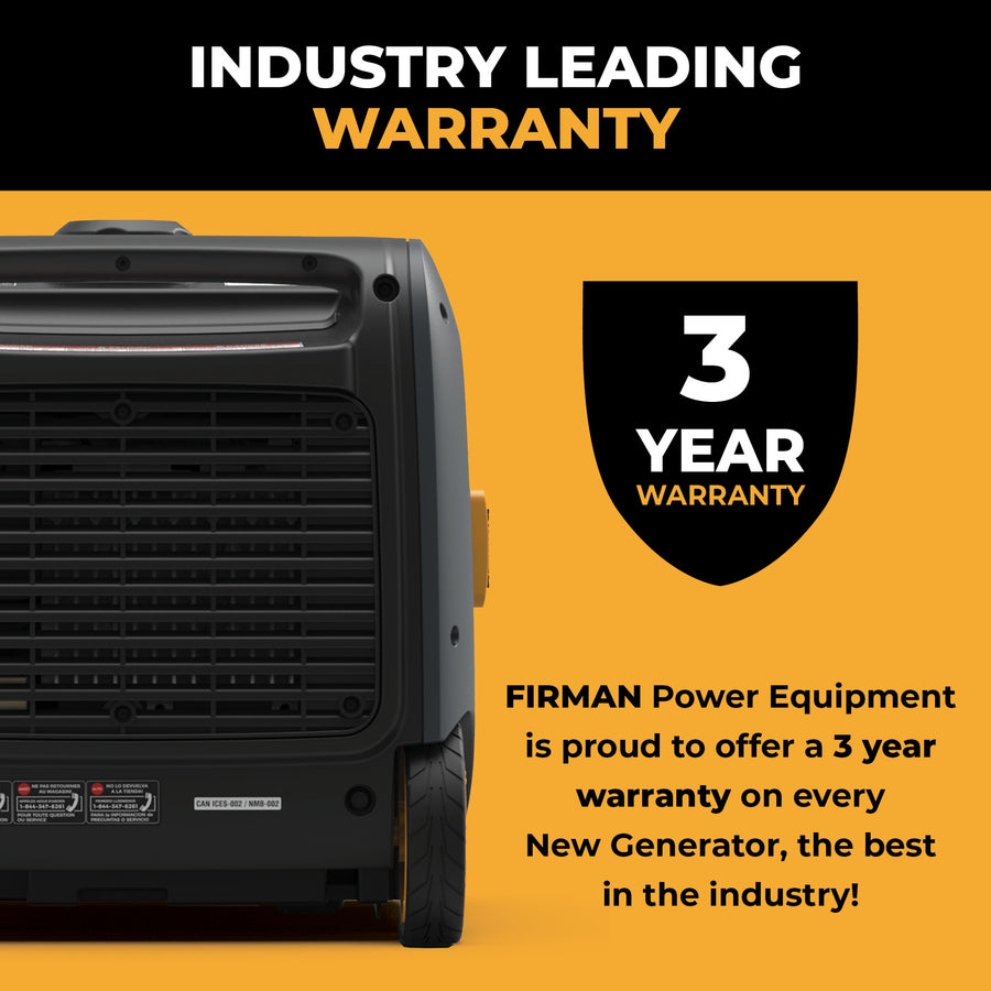 A FIRMAN Power Equipment Inverter Portable Generator 3200W Recoil Start sits beside a shield icon marked "3 Year Warranty," highlighting an industry-leading 3-year warranty on new FIRMAN generators.