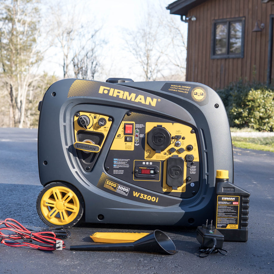 A portable inverter FIRMAN Power Equipment generator with accessories displayed on a driveway, featuring yellow and black colors.