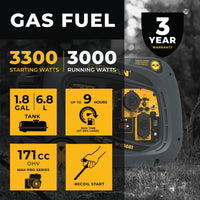 Advertisement image for the FIRMAN Power Equipment W03081 portable inverter generator highlighting features like 3300 starting watts, 3000 running watts, 1.8-gallon tank, and 171cc