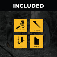 An advertisement for the FIRMAN Power Equipment Inverter Gas Portable Generator 3300W Recoil Start showing included accessories: charger cable, oil funnel, tool kit, and engine oil, set against a blurred image of the generator
