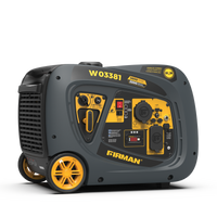 The Refurbished FIRMAN Power Equipment Inverter Portable Generator 3650W Recoil Start features a control panel, outlets, wheels, and handle for easy transport—ideal as a camping generator.