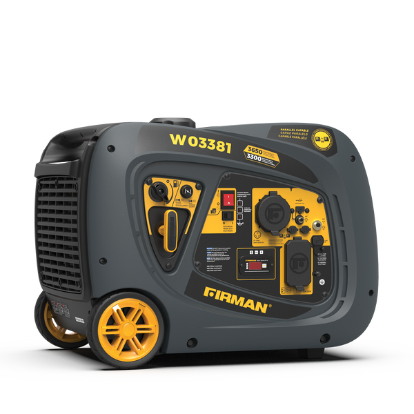 Refurbished FIRMAN Power Equipment Inverter Portable Generator 3650/3300W Recoil Start with yellow wheels and a control panel featuring multiple outlets, switches, and display, set against a white background.
