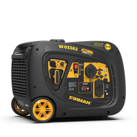A FIRMAN Power Equipment Gas Inverter Portable Generator 3650W Electric Start is shown on a white background, featuring a control panel, outlets, yellow wheels, quiet operation, and excellent fuel economy.