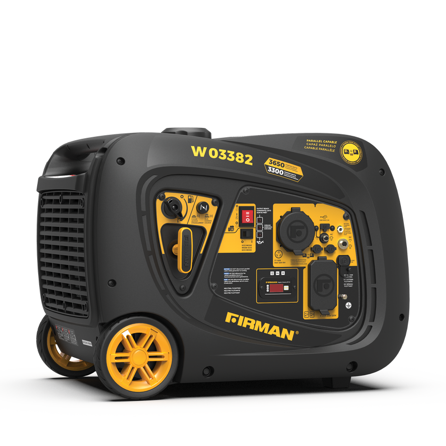 A FIRMAN Power Equipment Gas Inverter Portable Generator 3650W Electric Start is shown on a white background, featuring a control panel, outlets, yellow wheels, quiet operation, and excellent fuel economy.