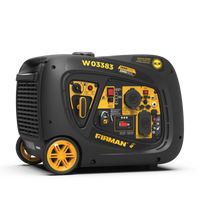 A refurbished FIRMAN Power Equipment Inverter Portable Generator 3650W Remote Start features a control panel, yellow accents, and wheels for easy transport, shown on a white background.