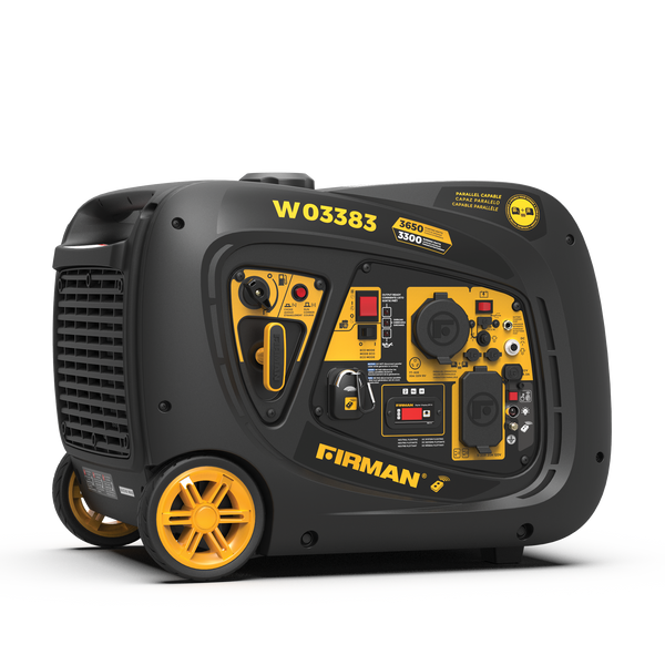 A refurbished FIRMAN Power Equipment Inverter Portable Generator 3650W Remote Start features a control panel, yellow accents, and wheels for easy transport, shown on a white background.