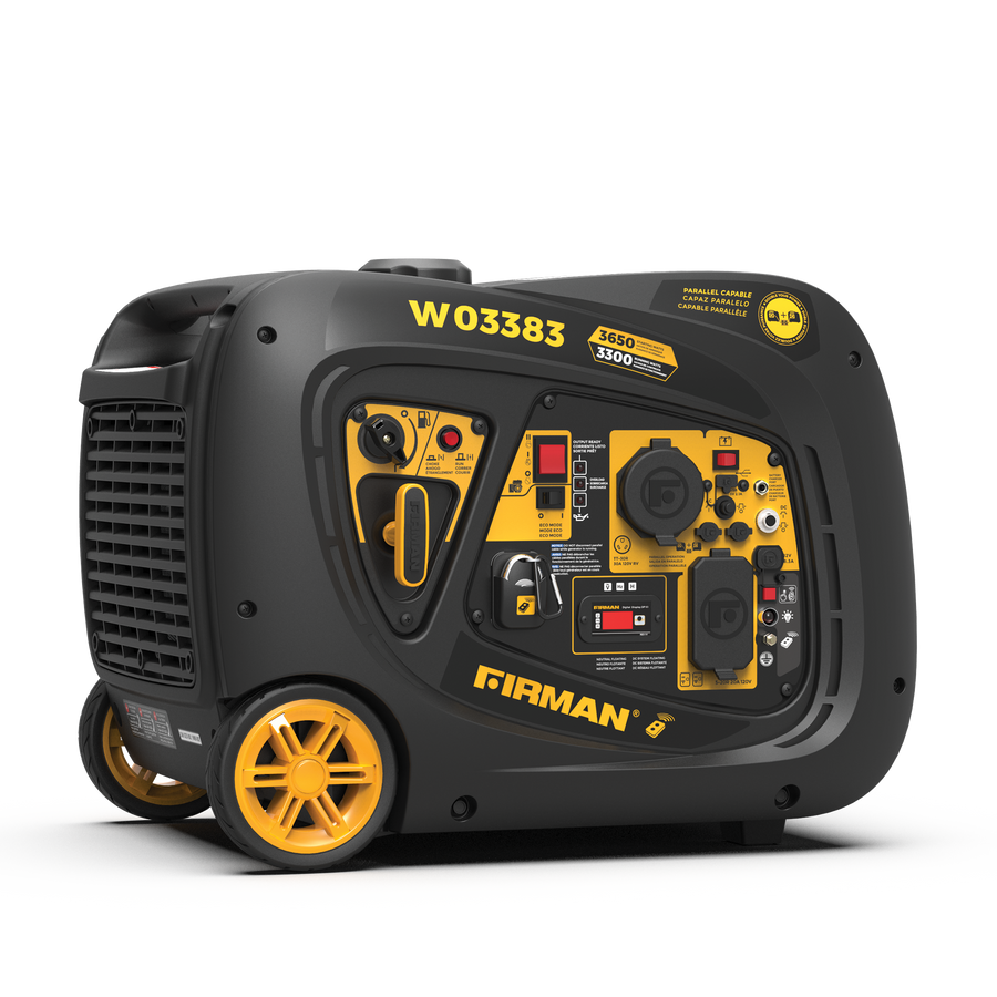 A refurbished FIRMAN Power Equipment Inverter Portable Generator 3650W Remote Start features a control panel, yellow accents, and wheels for easy transport, shown on a white background.