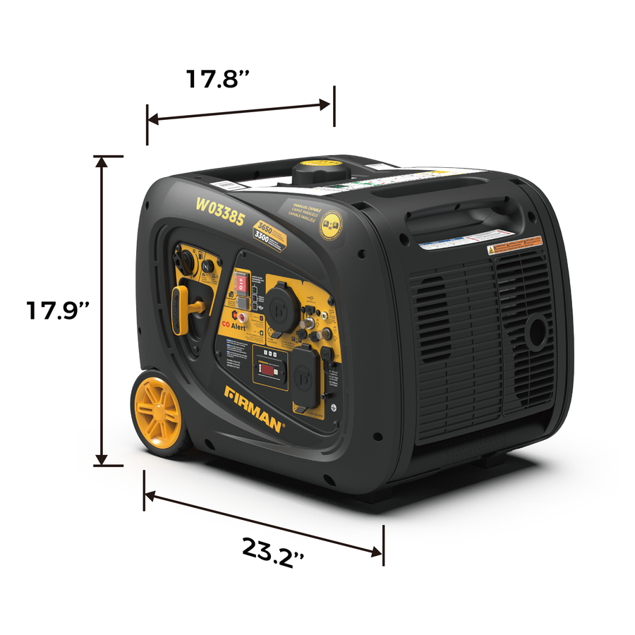 The FIRMAN Power Equipment INVERTER PORTABLE GENERATOR 3650W WITH CO ALERT is a portable inverter generator with a yellow and black design, featuring a power panel with multiple outlets and a handle on top. Its dimensions are 17.8”H x 17.9”W x 23.2”D, making it both compact and fuel-efficient for your power needs.