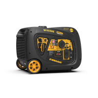 A portable black and yellow FIRMAN Power Equipment INVERTER PORTABLE GENERATOR 3650W WITH CO ALERT featuring various control knobs, buttons, and power outlets. This fuel-efficient generator's model number W03385 is clearly visible on its casing.