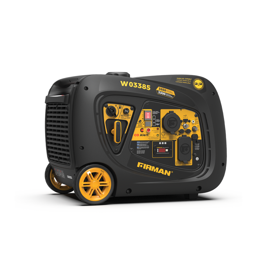A portable black and yellow FIRMAN Power Equipment INVERTER PORTABLE GENERATOR 3650W WITH CO ALERT featuring various control knobs, buttons, and power outlets. This fuel-efficient generator's model number W03385 is clearly visible on its casing.